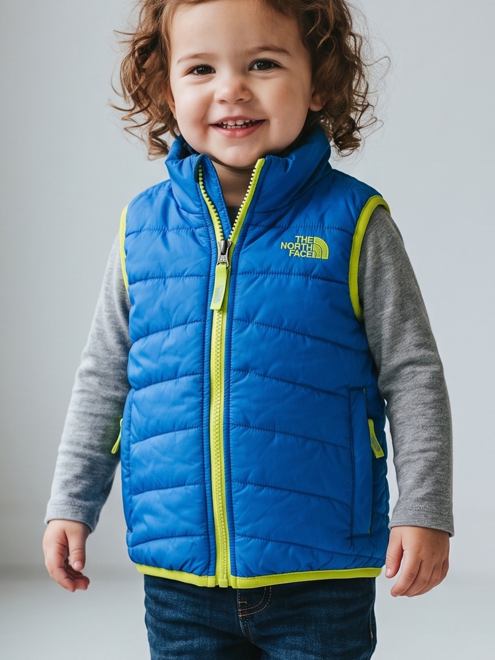 The North Face Kids Blue Puffer Vest with Lime Trim